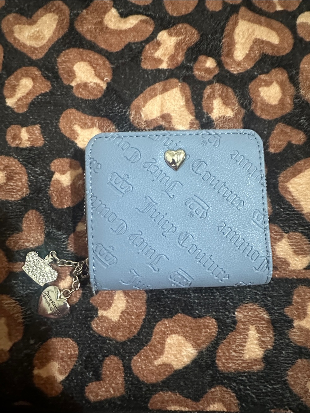 Juicy Couture Light Blue Compact Embossed Wallet with Heart Charms